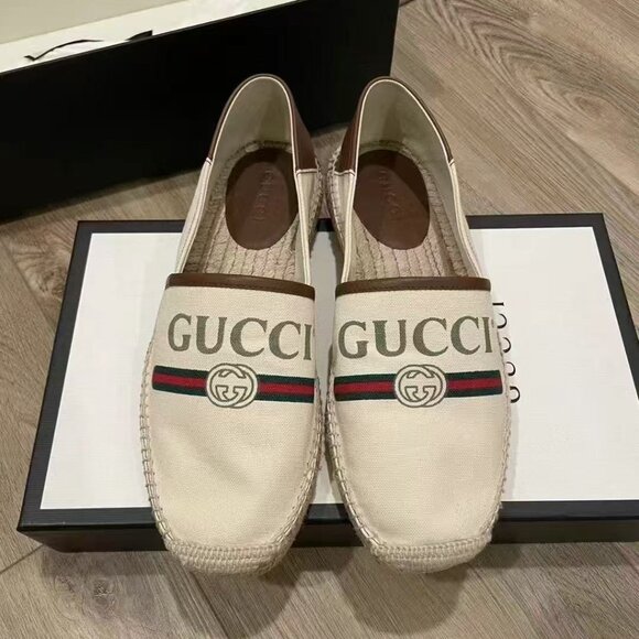 NIB Authentic Gucci Cream/Dark Brown Canvas and Leather Logo Slip On Espadrille - Picture 1 of 6